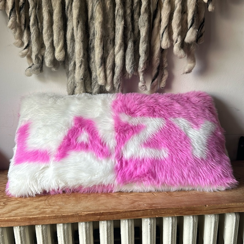 LAZY pink and white fur plush pillow